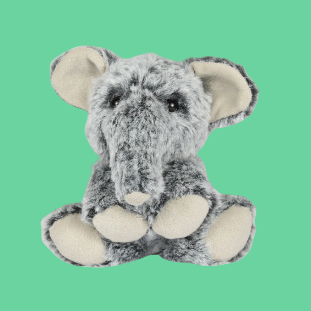 A soft grey plush elephant with a simplistic design, featuring a smiling face and small ears.