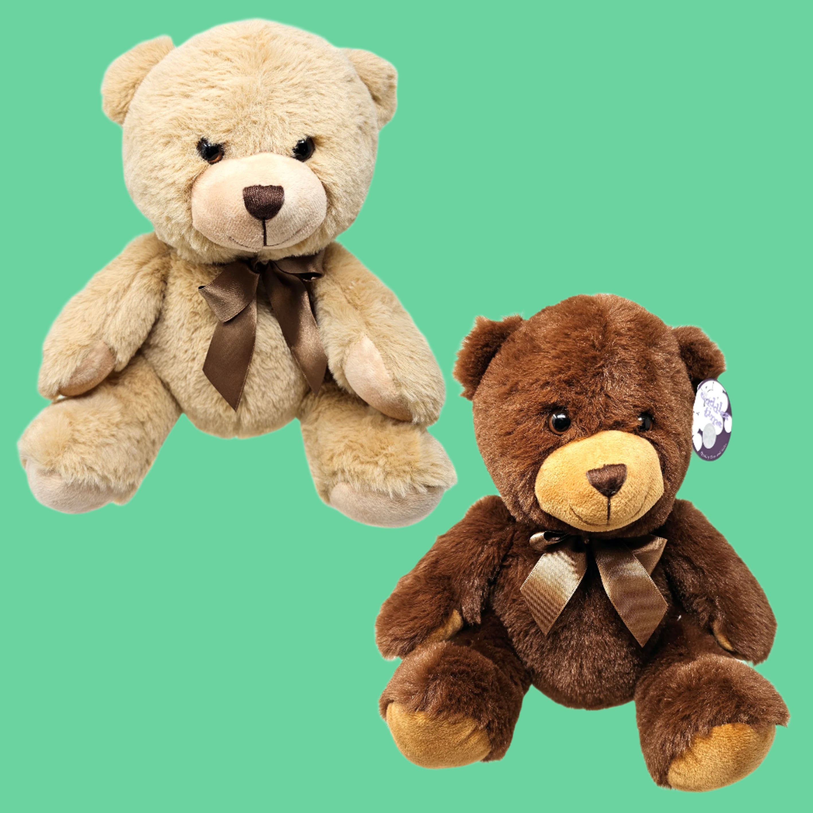 Two plush teddy bears, one beige and one brown, each sitting upright with bows around their necks.