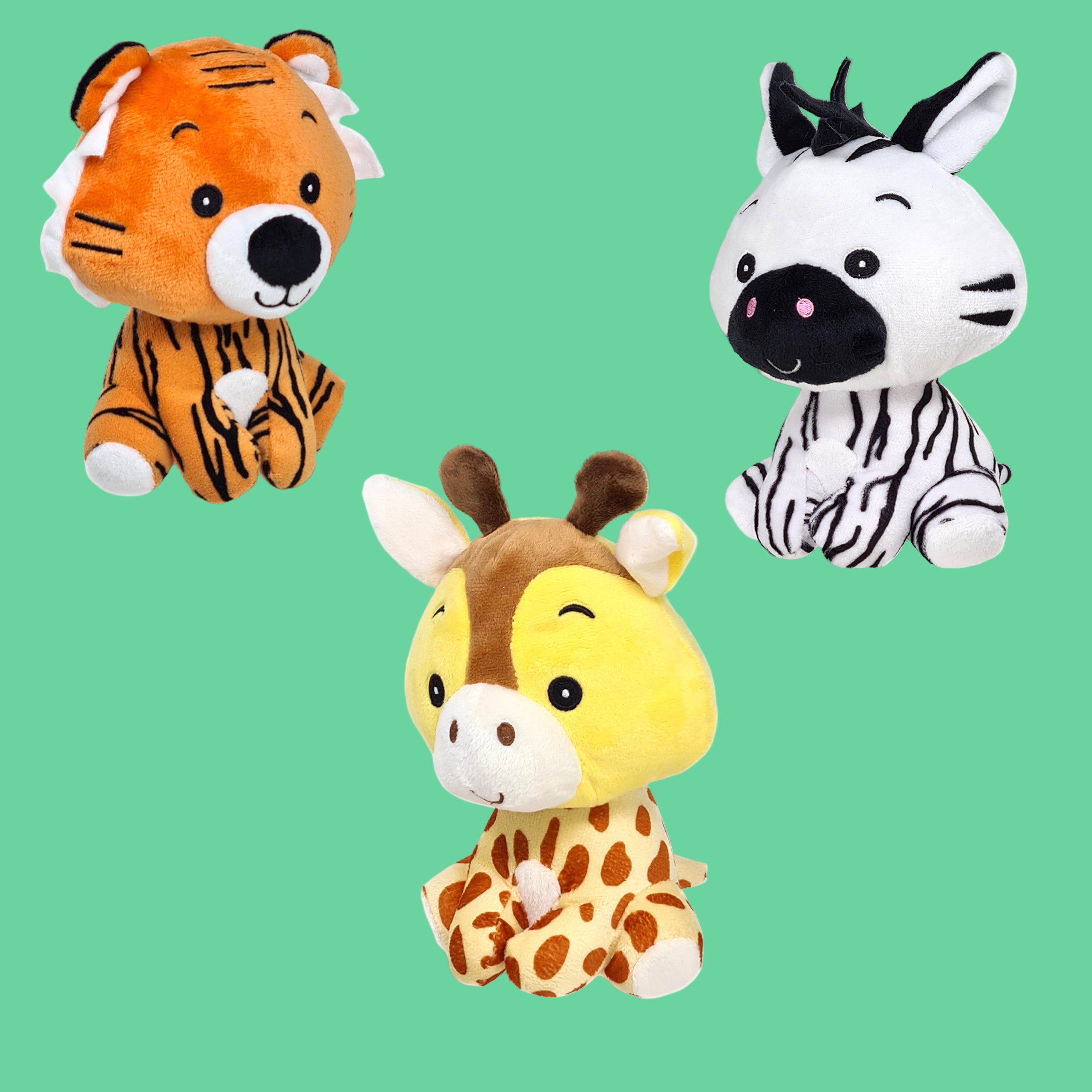 Three plush toys shaped like a tiger, giraffe, and zebra on a white background