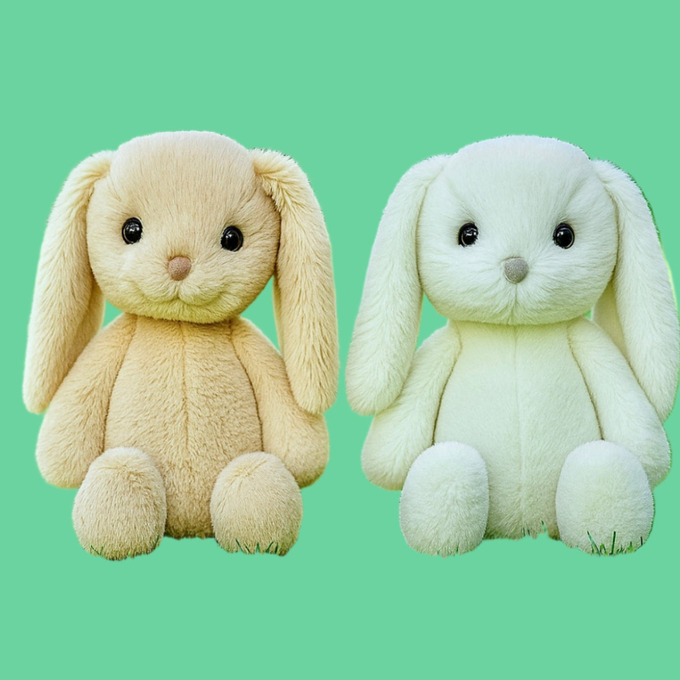 Two plush bunny toys, one beige and one white, on a green background