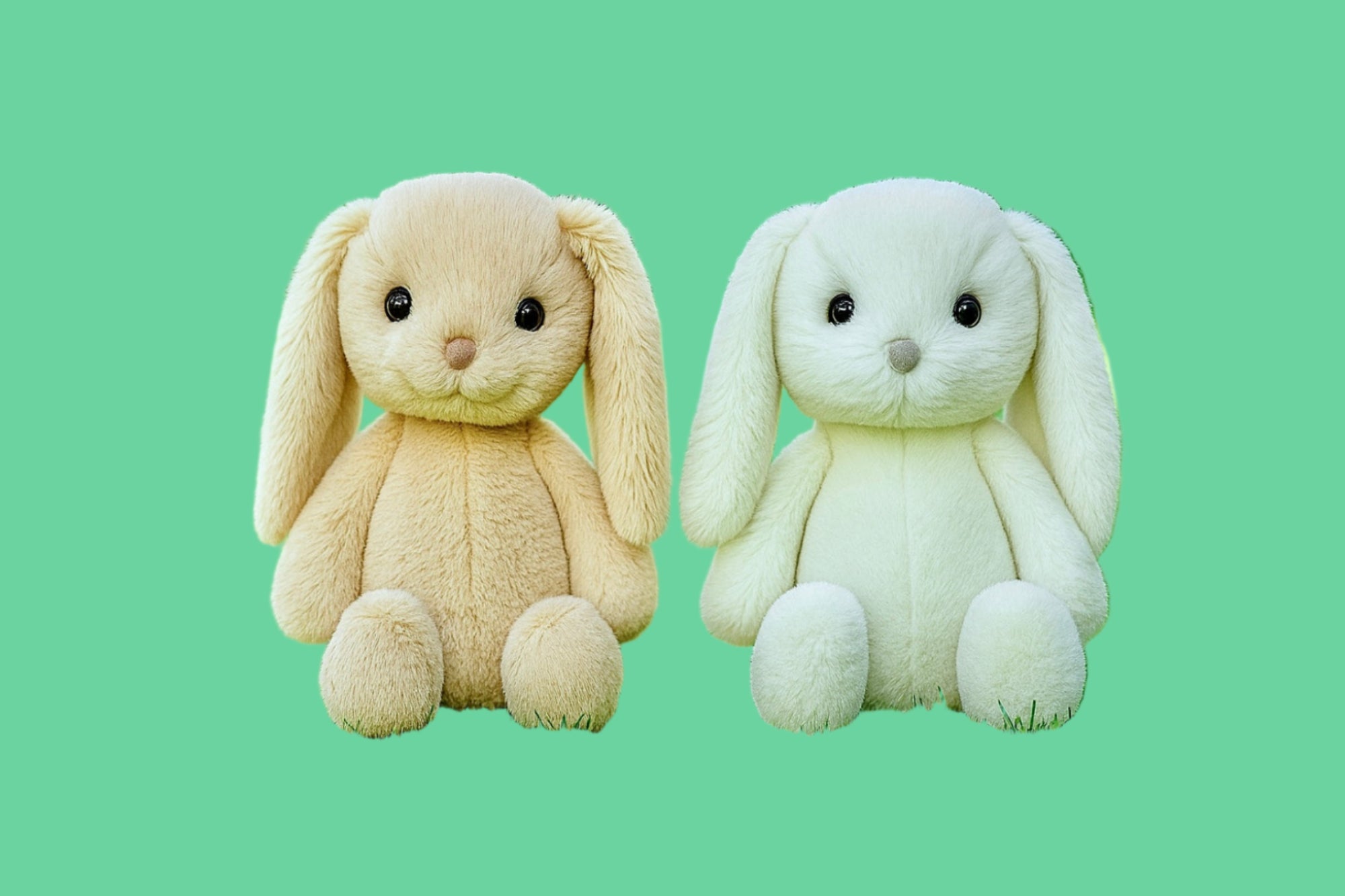 Two plush bunny toys, one beige and one white, on a green background