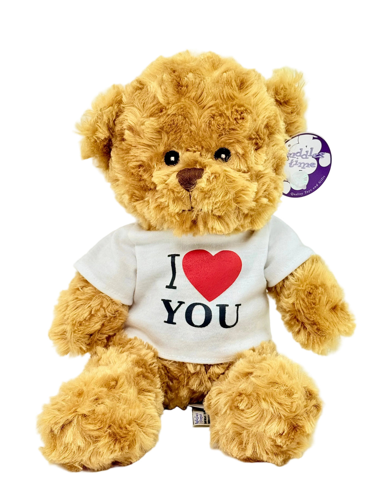 Brown teddy bear wearing a white shirt with 'I ❤️ YOU' text on a white background