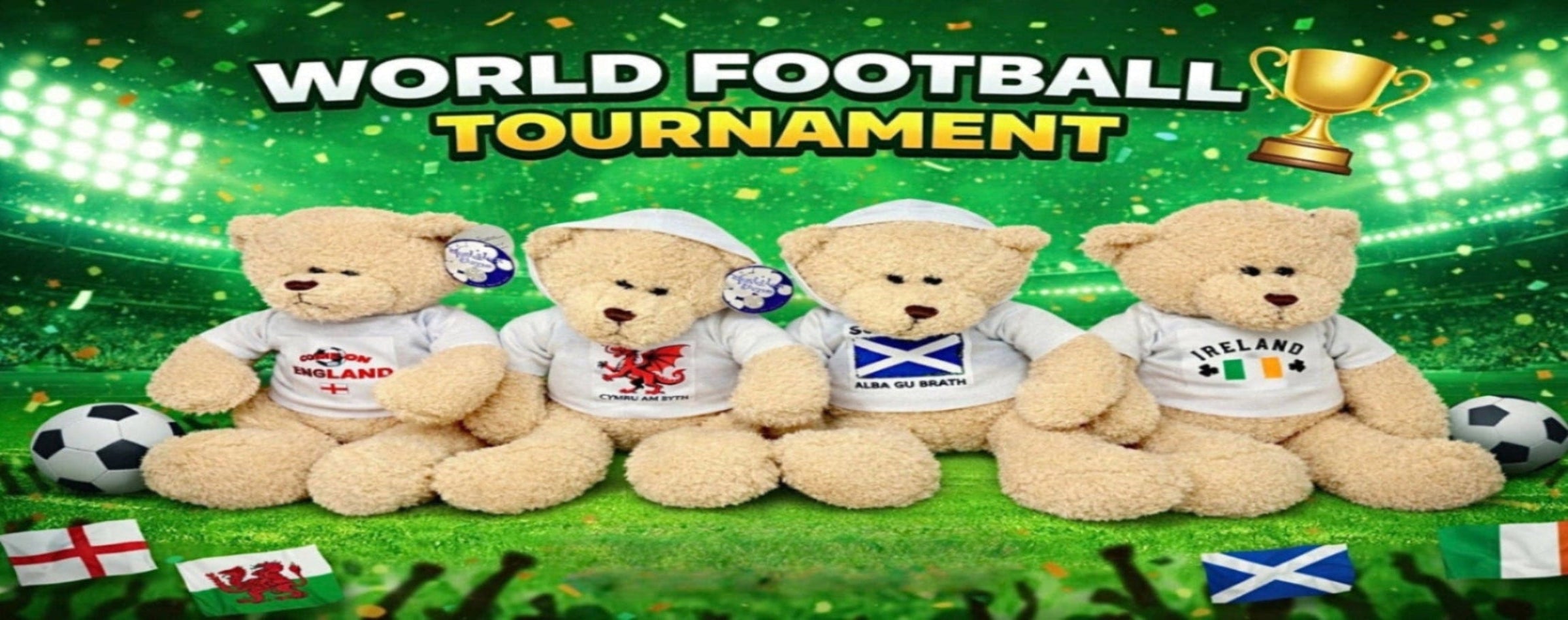 Four teddy bears wearing country-themed shirts on a football field with 'World Football Tournament' text and trophy.