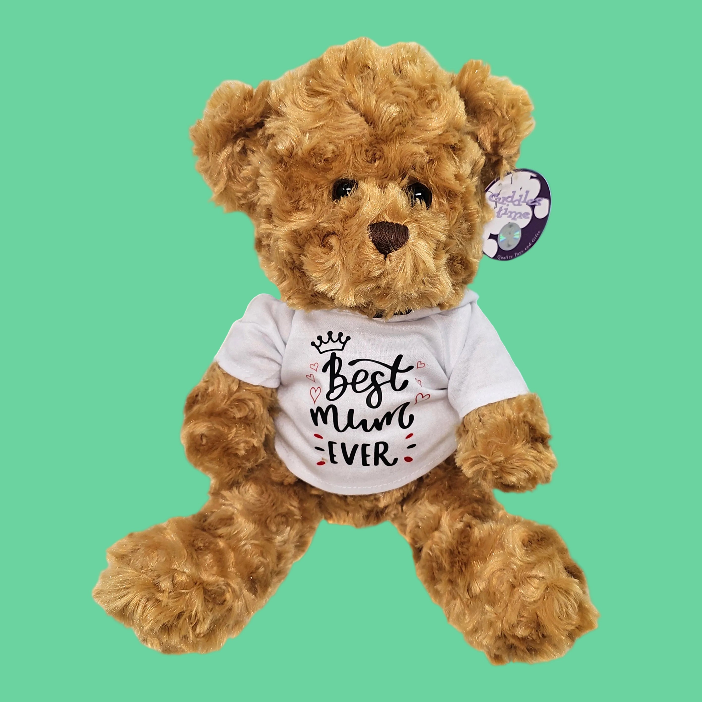 Brown teddy bear wearing a 'Best Mum Ever' shirt on a blue background