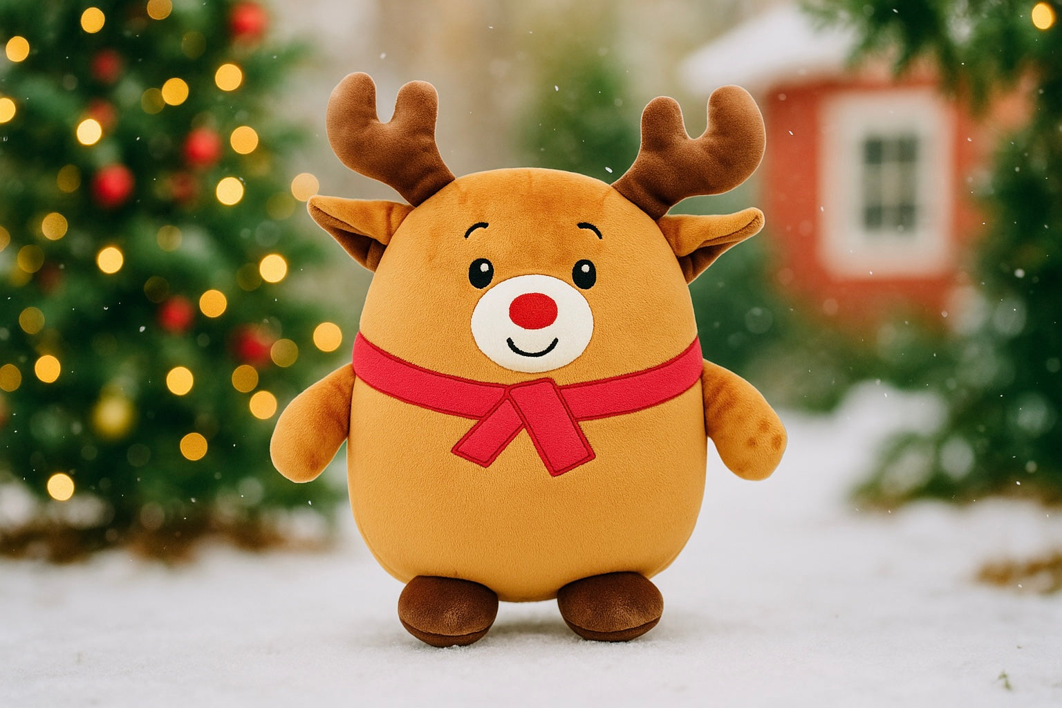 Plush reindeer toy in a snowy scene with Christmas decorations