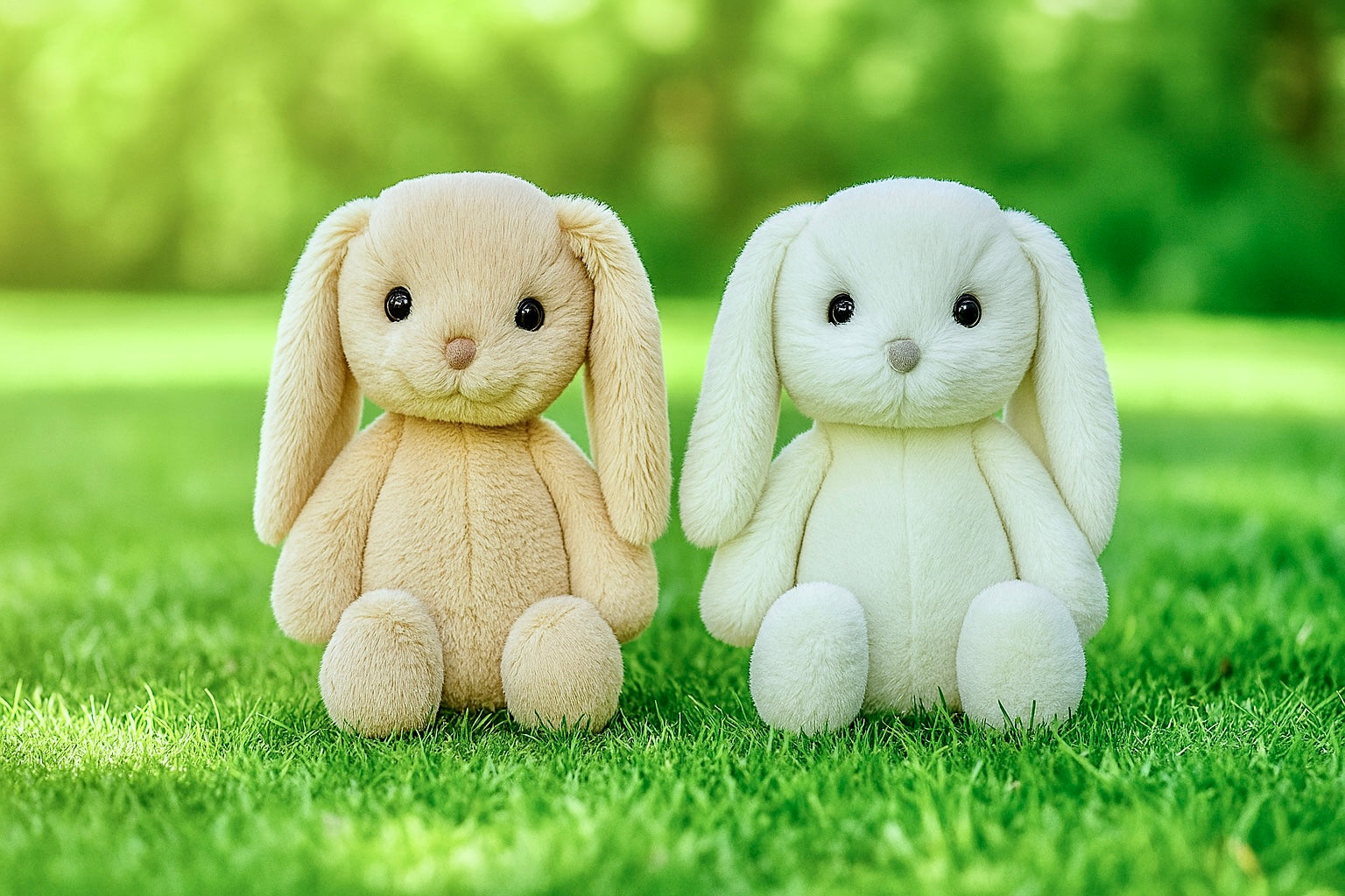 Two plush bunny toys, one beige and one white, sitting on a grassy field.