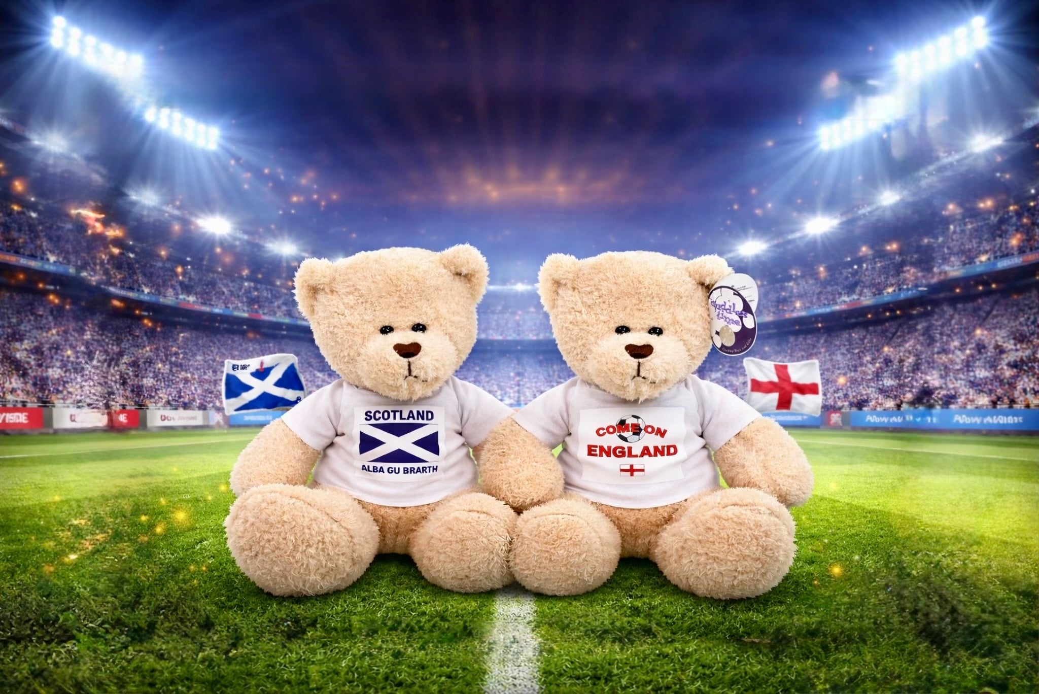 Two teddy bears wearing shirts with Scottish and English flags on a football field.